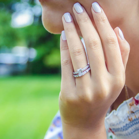 Image Contain: Model Wearing Art Deco Half Eternity Ring, Solitaire with Side Stones Ring