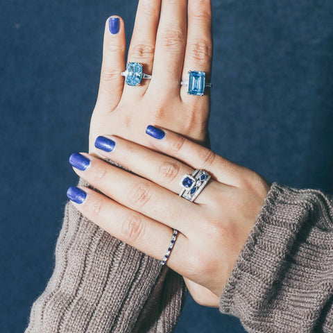 Image Contain: Model Wearing 3-Stone Ring, Art Deco Half Eternity Ring, Eternity Ring, Halo Ring, Solitaire with Side Stones Ring