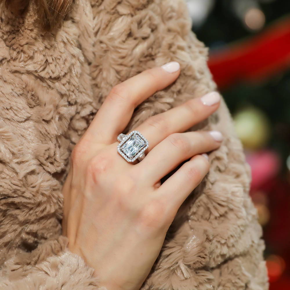 Model wearing Halo Radiant Cut CZ Ring in Sterling Silver, 2 of 6