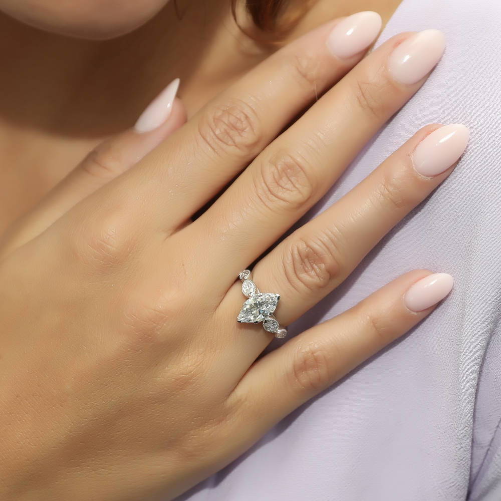 Model wearing Solitaire Art Deco 1.6ct Marquise CZ Ring in Sterling Silver, 2 of 7