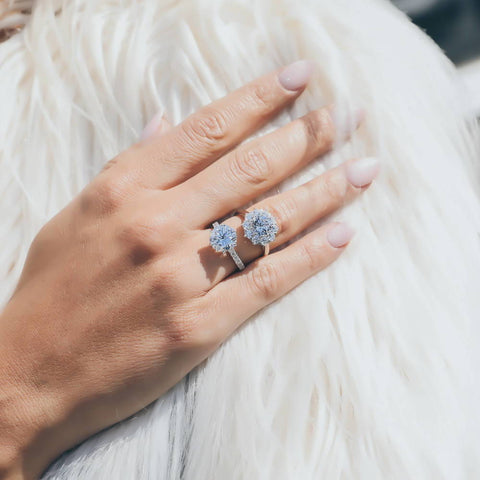 Image Contain: Model Wearing Flower Ring, Solitaire with Side Stones Ring