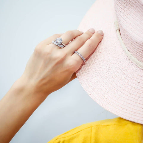 Image Contain: Model Wearing Cluster Band, Eternity Ring, Solitaire Ring