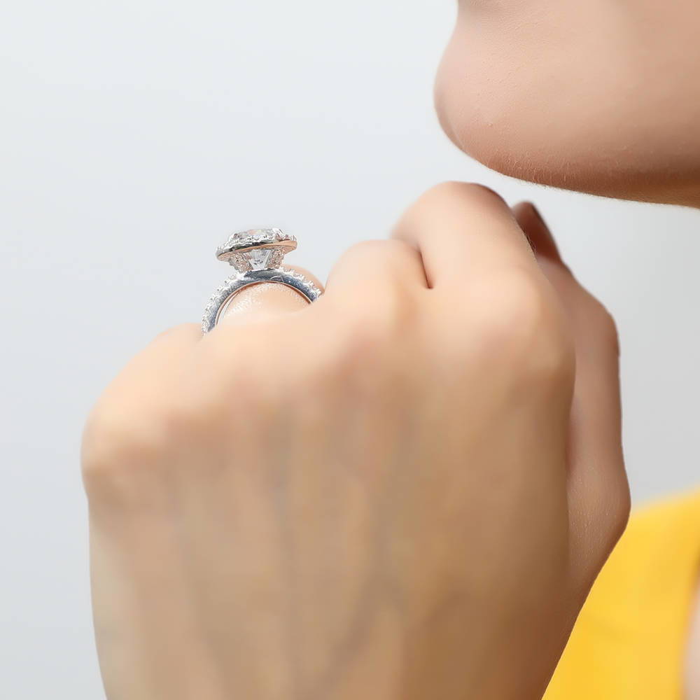 Model wearing Halo CZ Ring in Sterling Silver, 6 of 10