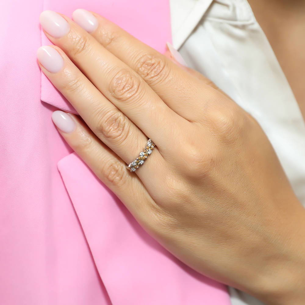 Model wearing Cluster Flower Yellow CZ Stackable Band in Sterling Silver, 2 of 6