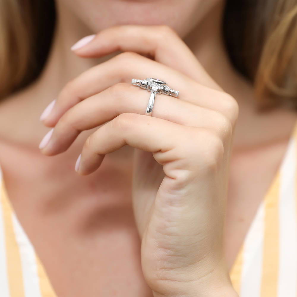 Model wearing Flower Art Deco CZ Ring in Sterling Silver, 6 of 9