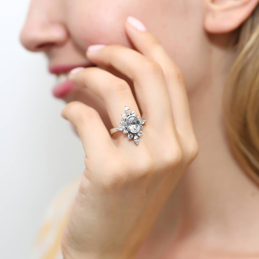 Model wearing Flower Art Deco CZ Ring in Sterling Silver, 2 of 9