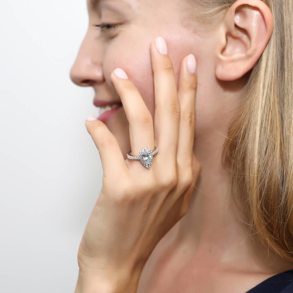 Model wearing Halo Pear CZ Ring Set in Sterling Silver, 7 of 12