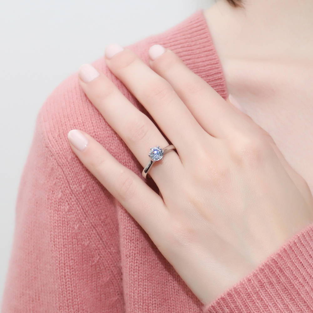 Model wearing Solitaire 1ct Round CZ Ring Set in Sterling Silver, 9 of 13