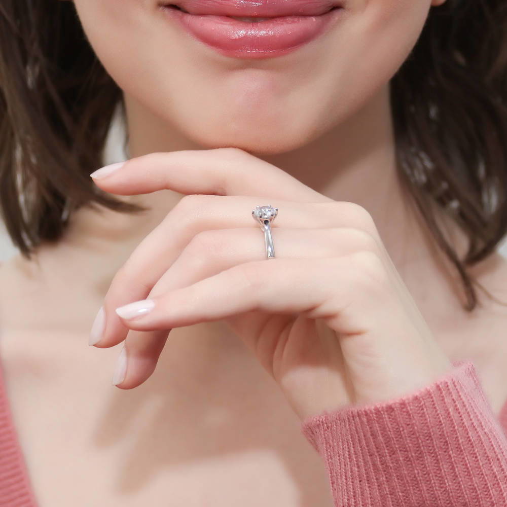 Model wearing Solitaire 1ct Round CZ Ring Set in Sterling Silver, 7 of 15