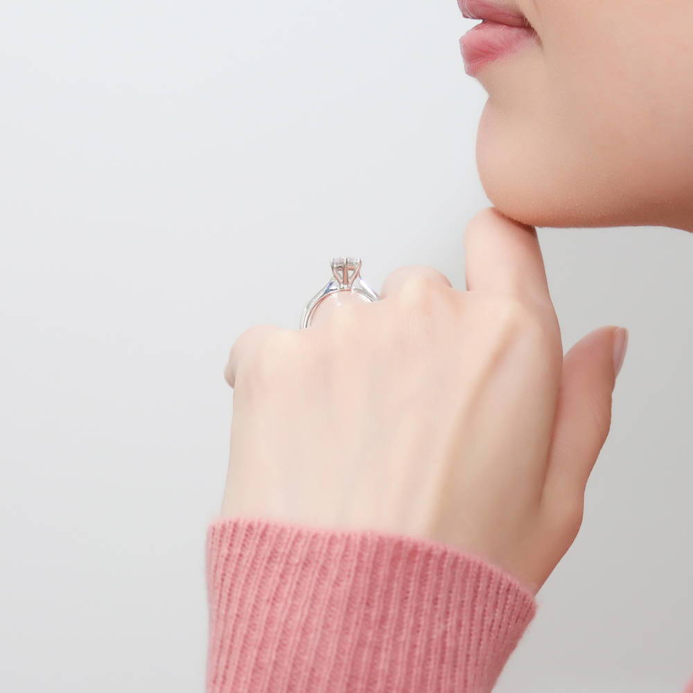 Model wearing Solitaire 1ct Round CZ Ring Set in Sterling Silver, 10 of 13