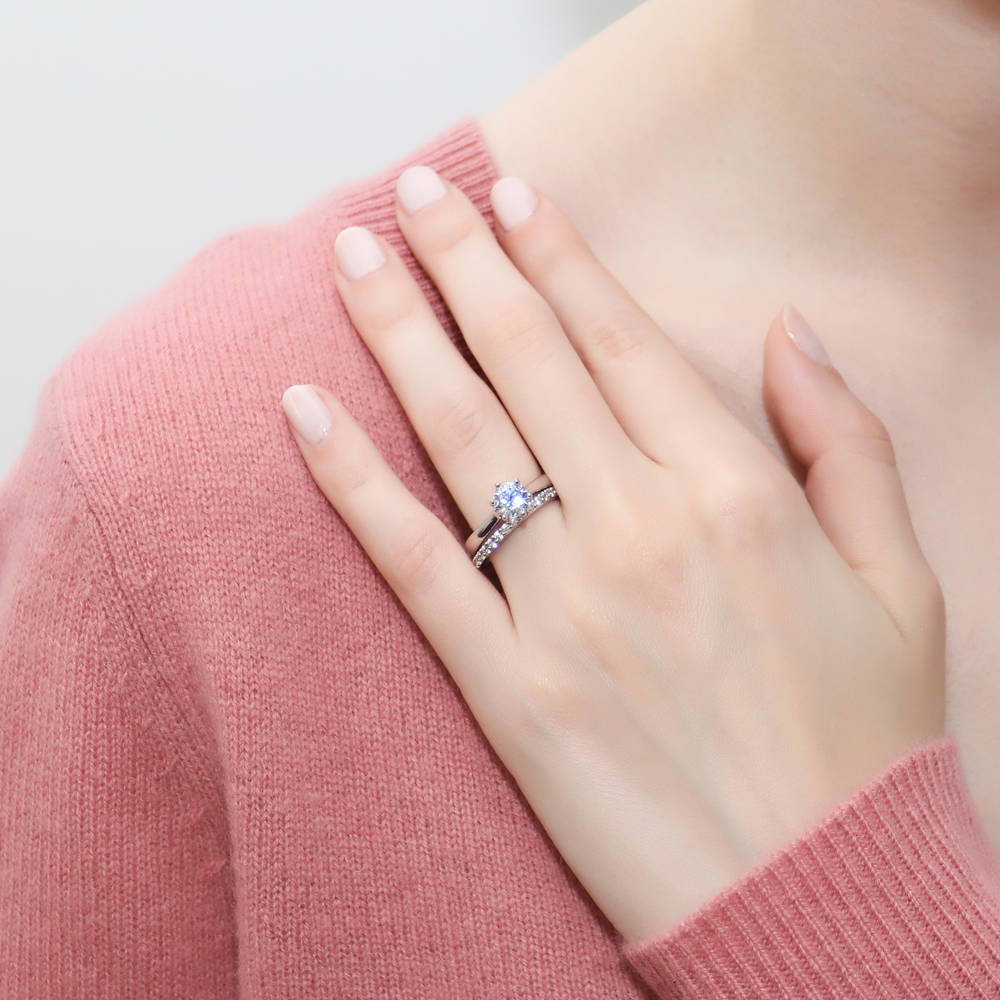 Model wearing Solitaire 1ct Round CZ Ring Set in Sterling Silver, 2 of 13