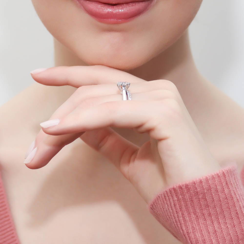 Model wearing Solitaire 1ct Round CZ Ring Set in Sterling Silver, 7 of 13