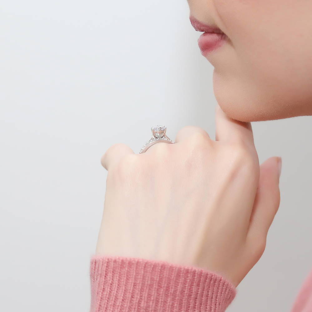 Model wearing Solitaire 1ct Round CZ Ring Set in Sterling Silver, 6 of 13