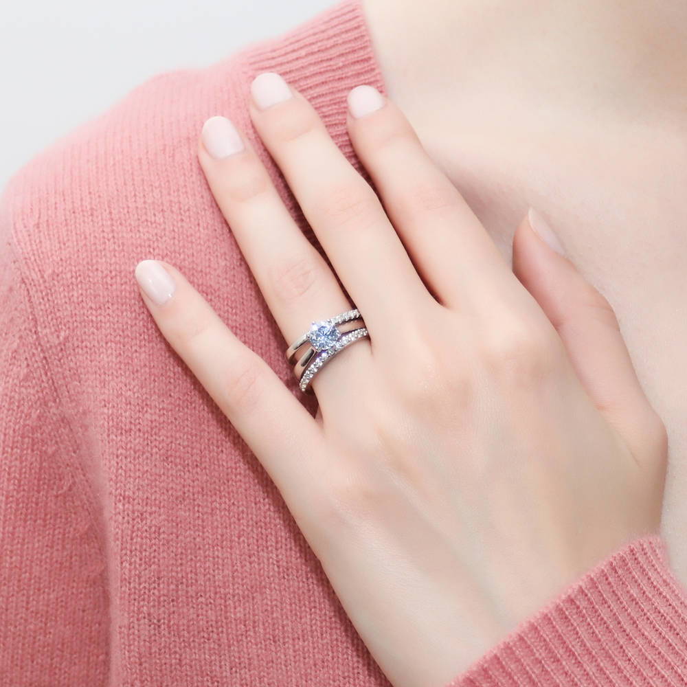 Model wearing Solitaire 1ct CZ Ring Set in Sterling Silver, 2 of 12