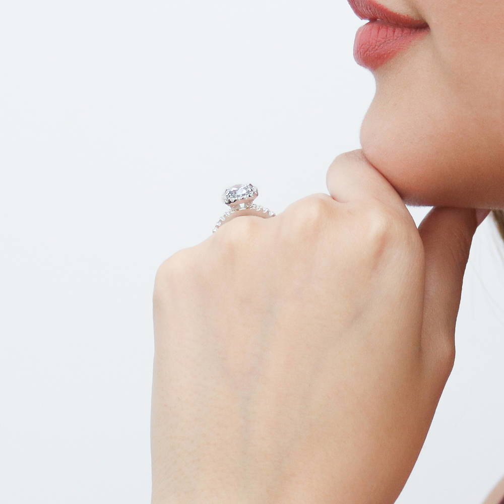 Model wearing Halo CZ Ring Set in Sterling Silver, 9 of 12