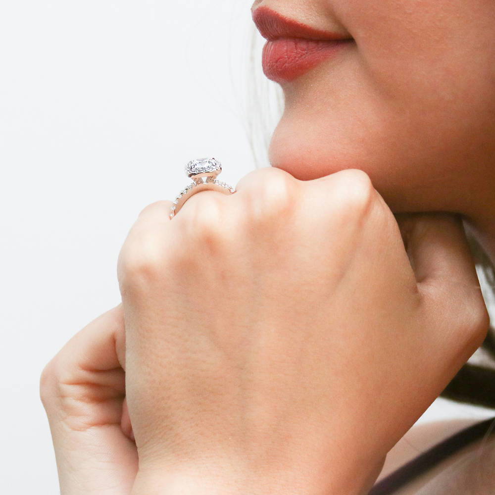 Model wearing Halo Cushion CZ Ring Set in Sterling Silver, 9 of 14