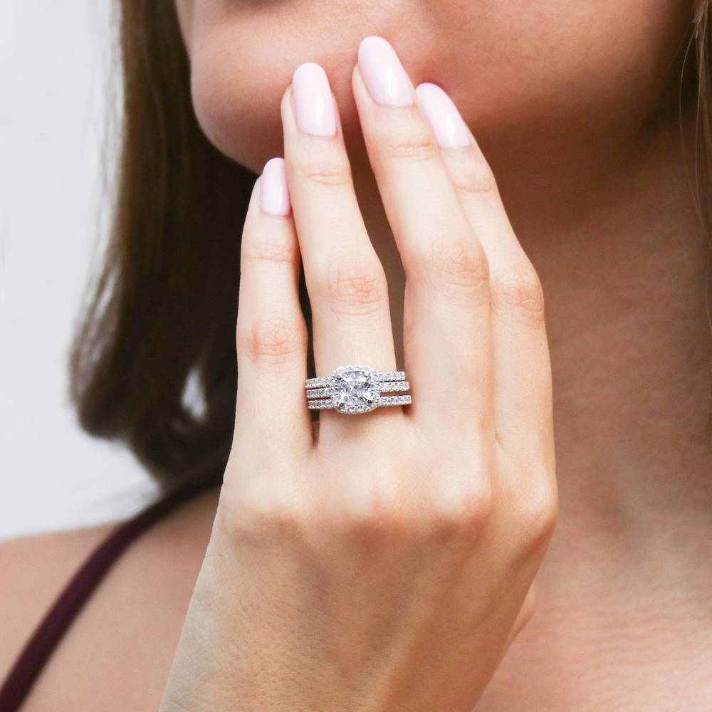 Model wearing Halo Cushion CZ Ring Set in Sterling Silver, 2 of 14