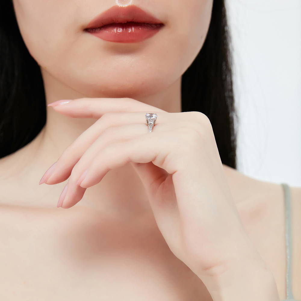 Model wearing 3-Stone Crown Round CZ Ring Set in Sterling Silver, 12 of 13