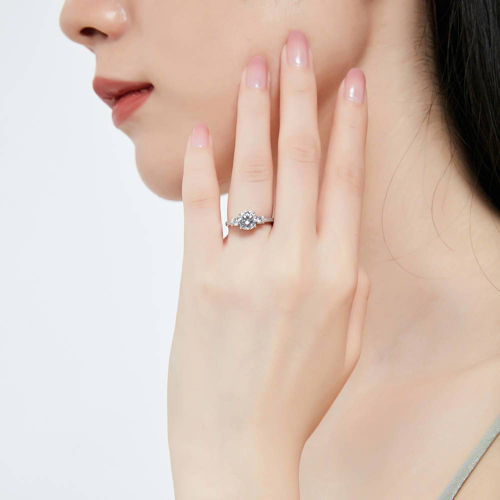 Model wearing 3-Stone Crown Round CZ Ring Set in Sterling Silver, 6 of 13