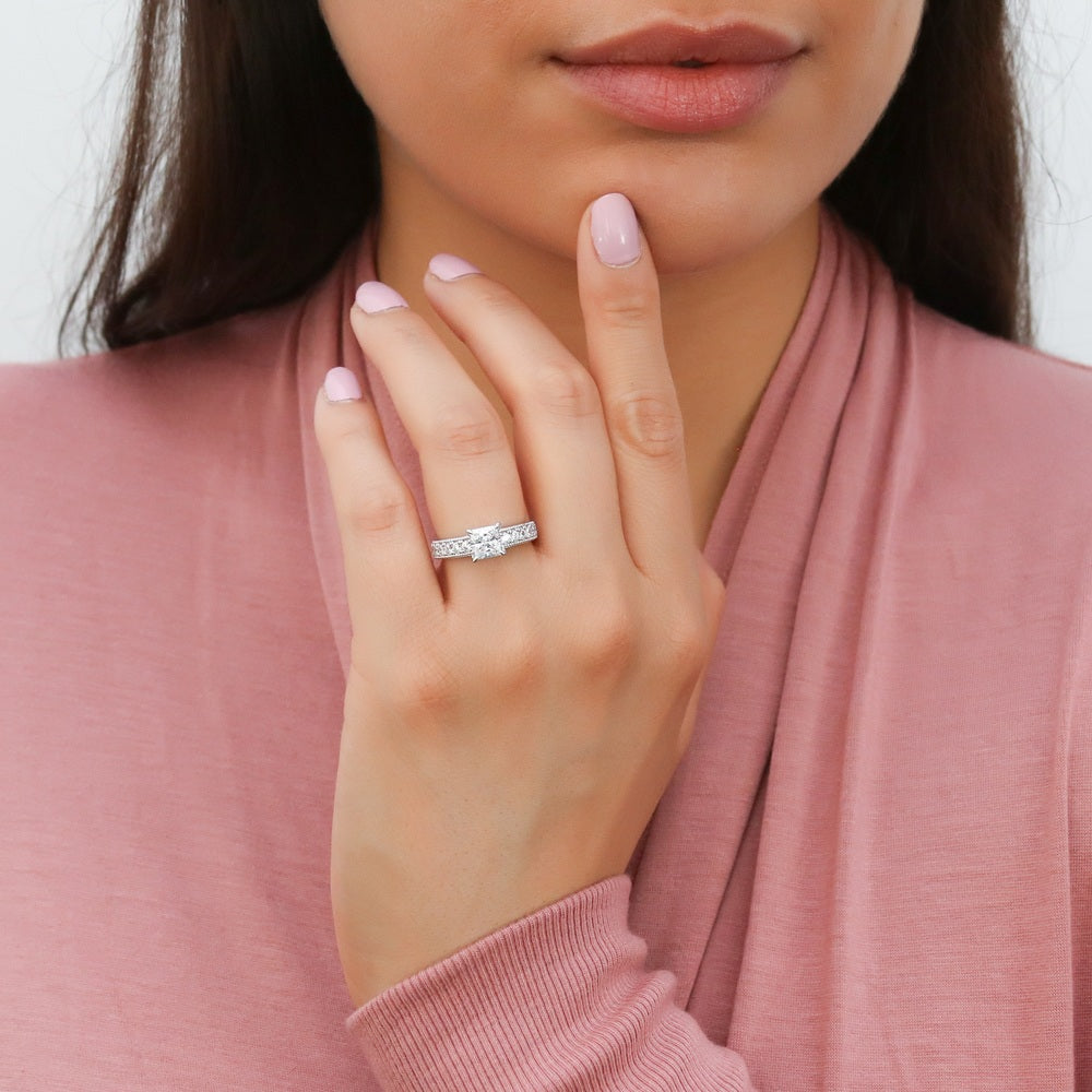 Model wearing Solitaire Milgrain 1.2ct Princess CZ Ring in Sterling Silver, 2 of 9