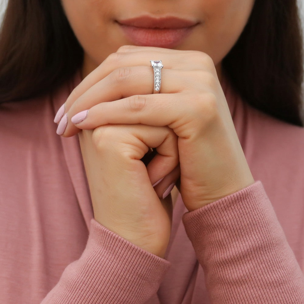Model wearing Solitaire Milgrain 1.2ct Princess CZ Ring in Sterling Silver, 7 of 9