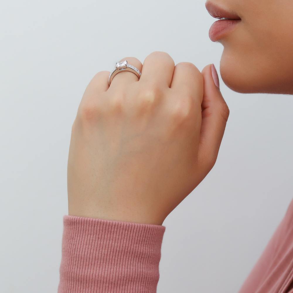 Model wearing Solitaire Milgrain 1.2ct Princess CZ Ring in Sterling Silver, 3 of 9
