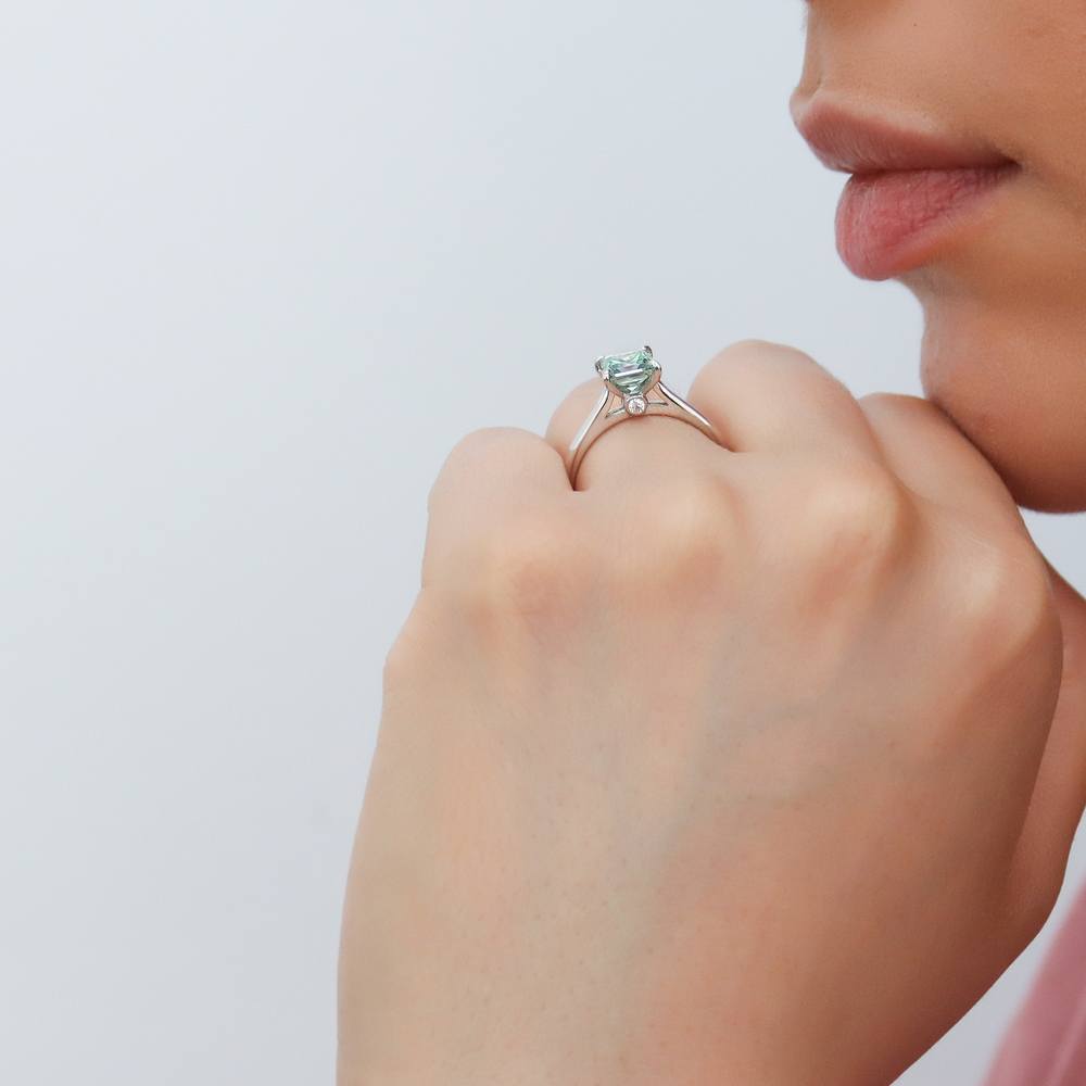 Model wearing Solitaire 1.2ct Green Princess CZ Ring Set in Sterling Silver, 6 of 13