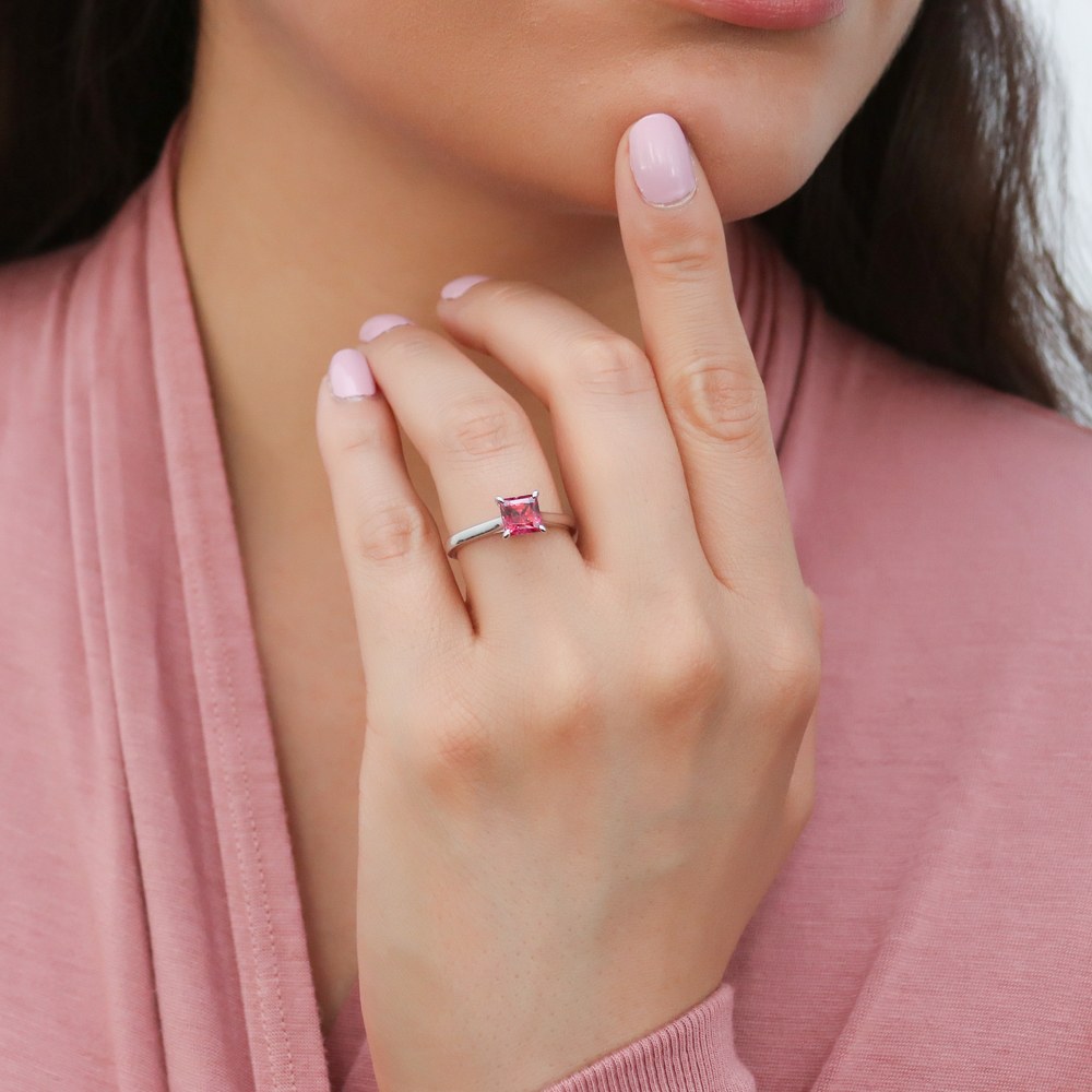 Model wearing Solitaire 1.2ct Red Princess CZ Ring Set in Sterling Silver, 2 of 17