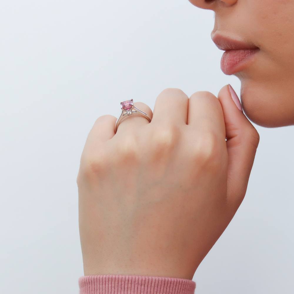 Model wearing Solitaire 1.2ct Red Princess CZ Ring Set in Sterling Silver, 7 of 17