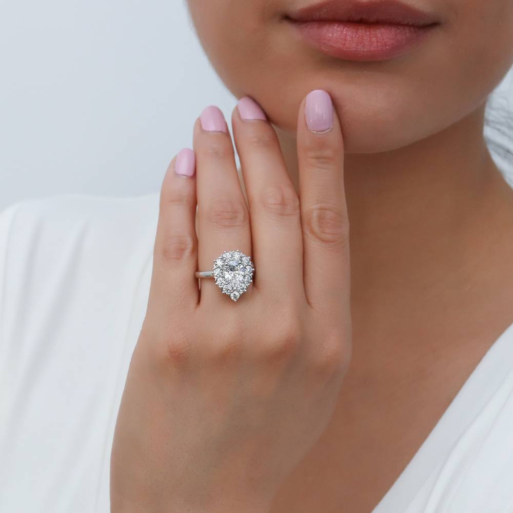 Model wearing Halo Milgrain Pear CZ Ring Set in Sterling Silver, 12 of 20