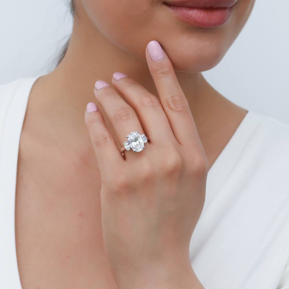 Model wearing 3-Stone Oval CZ Statement Ring in Sterling Silver, 6 of 14