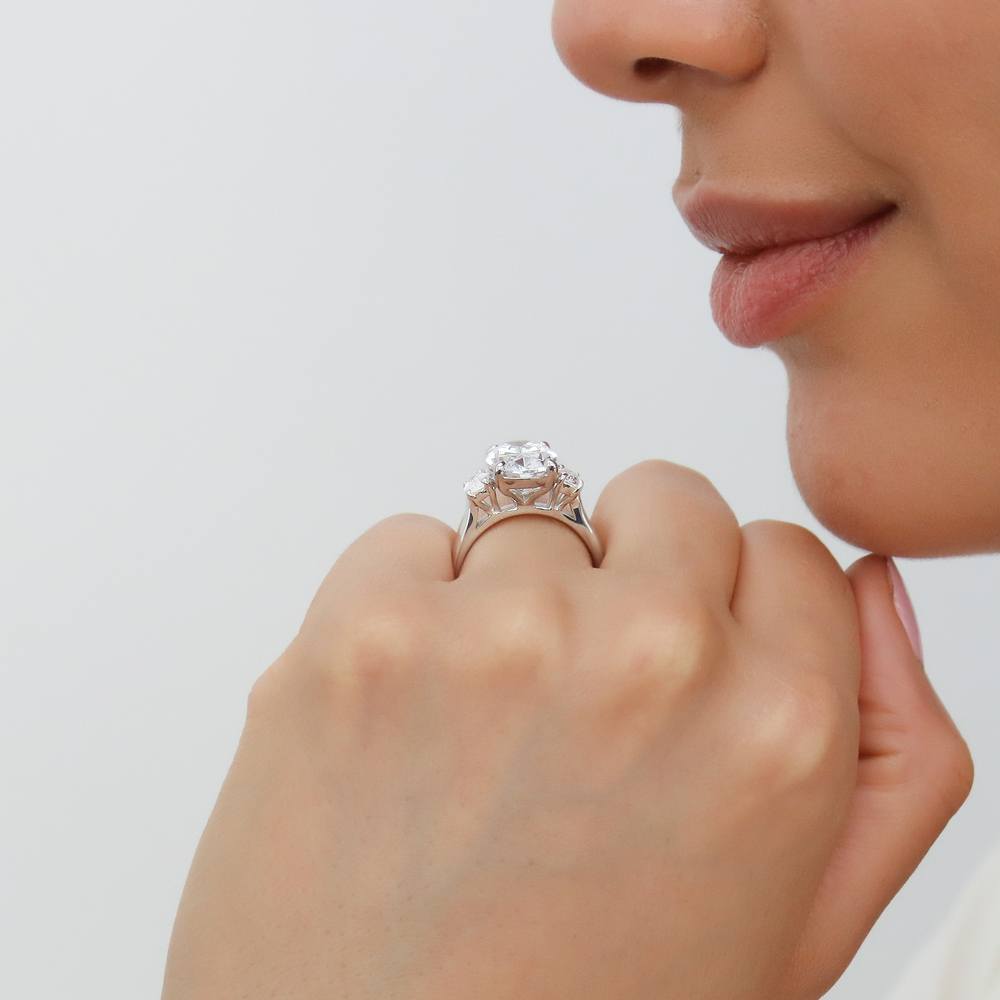 Model wearing 3-Stone Oval CZ Statement Ring in Sterling Silver, 10 of 14