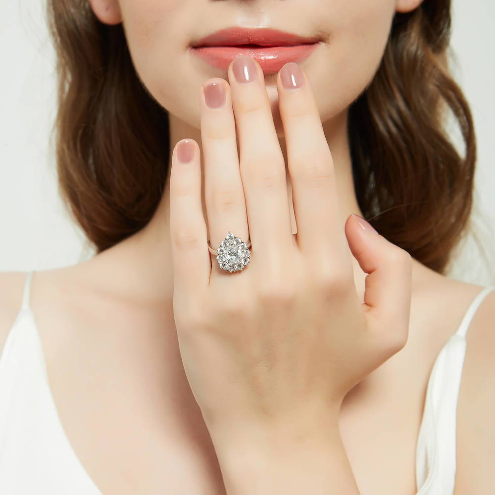 Model wearing Halo Milgrain Pear CZ Ring Set in Sterling Silver, 10 of 20