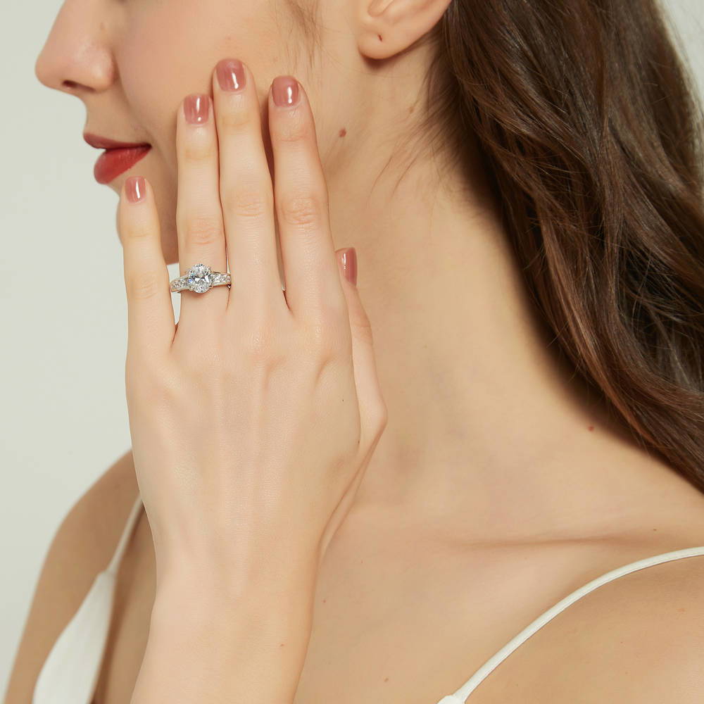 Model wearing Solitaire 2.5ct Oval CZ Ring Set in Sterling Silver, 10 of 17