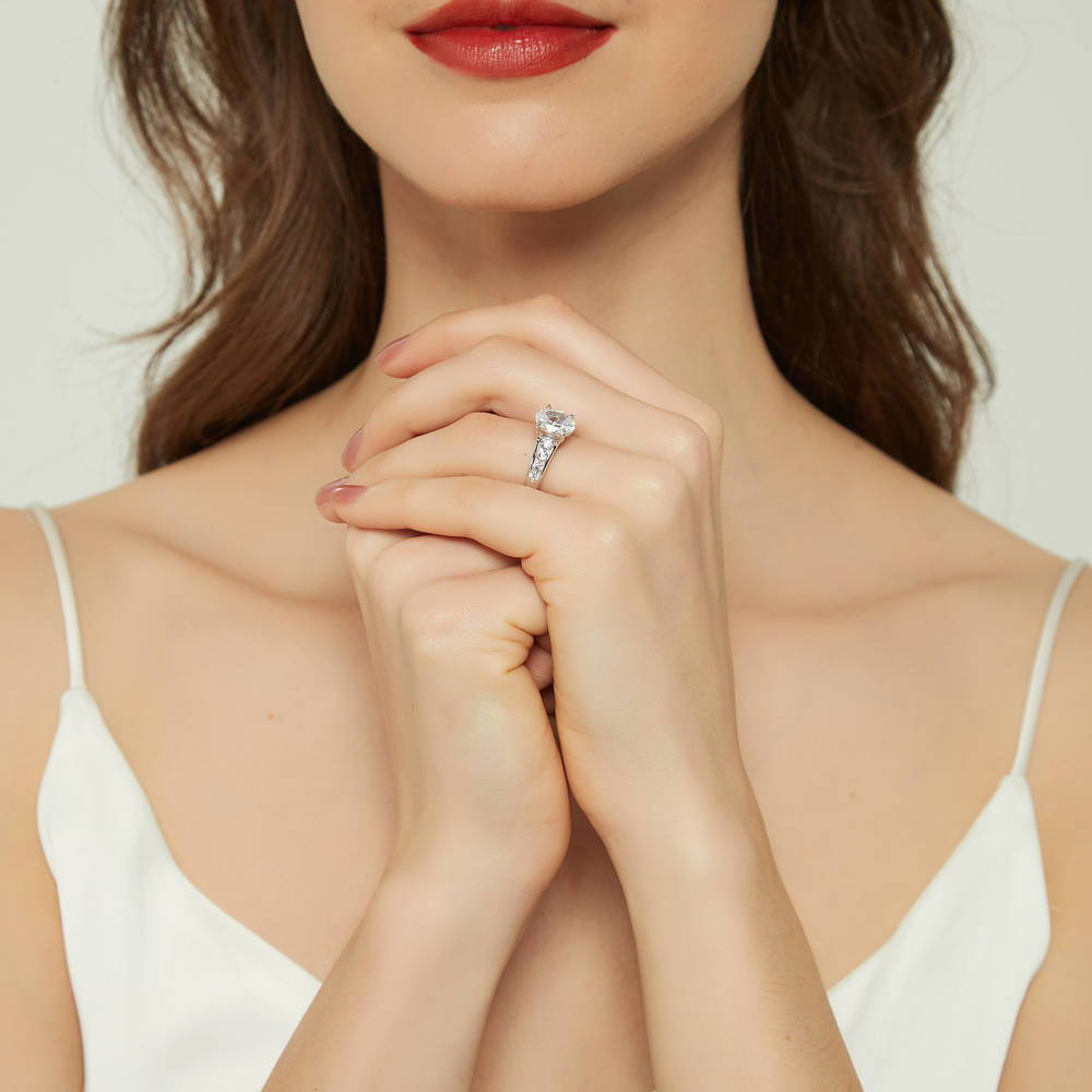 Model wearing Solitaire 2.5ct Oval CZ Ring Set in Sterling Silver, 11 of 17