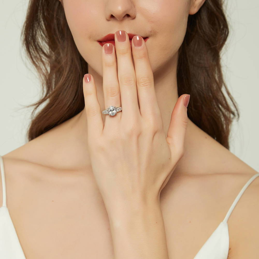 Model wearing Solitaire 2.5ct Oval CZ Ring Set in Sterling Silver, 9 of 17