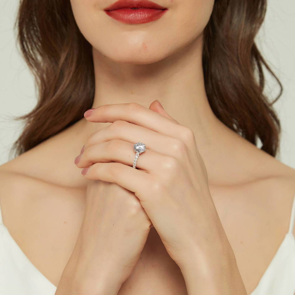 Model wearing 5-Stone Solitaire CZ Ring Set in Sterling Silver, 6 of 13