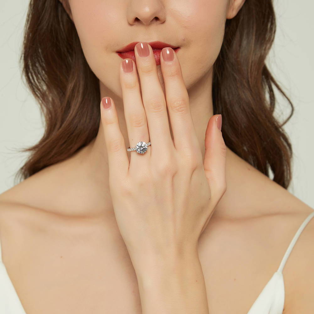 Model wearing 5-Stone Solitaire CZ Ring Set in Sterling Silver, 2 of 13