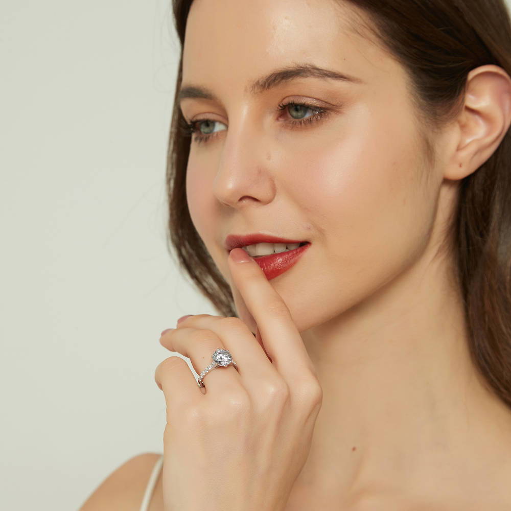 Model wearing 5-Stone Solitaire CZ Ring Set in Sterling Silver, 3 of 13
