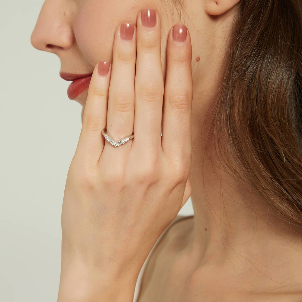 Model wearing 7-Stone Wishbone CZ Band in Sterling Silver, 3 of 9