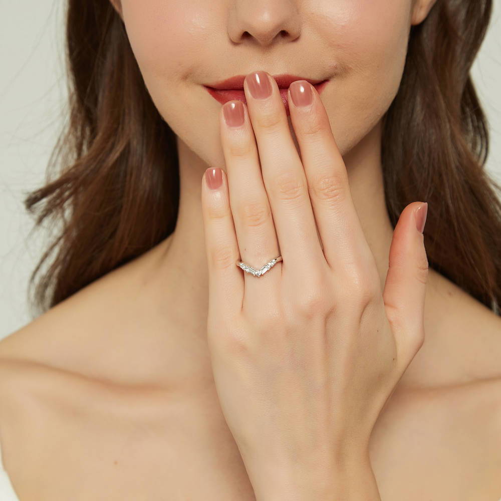 Model wearing 7-Stone Wishbone CZ Band in Sterling Silver, 2 of 9