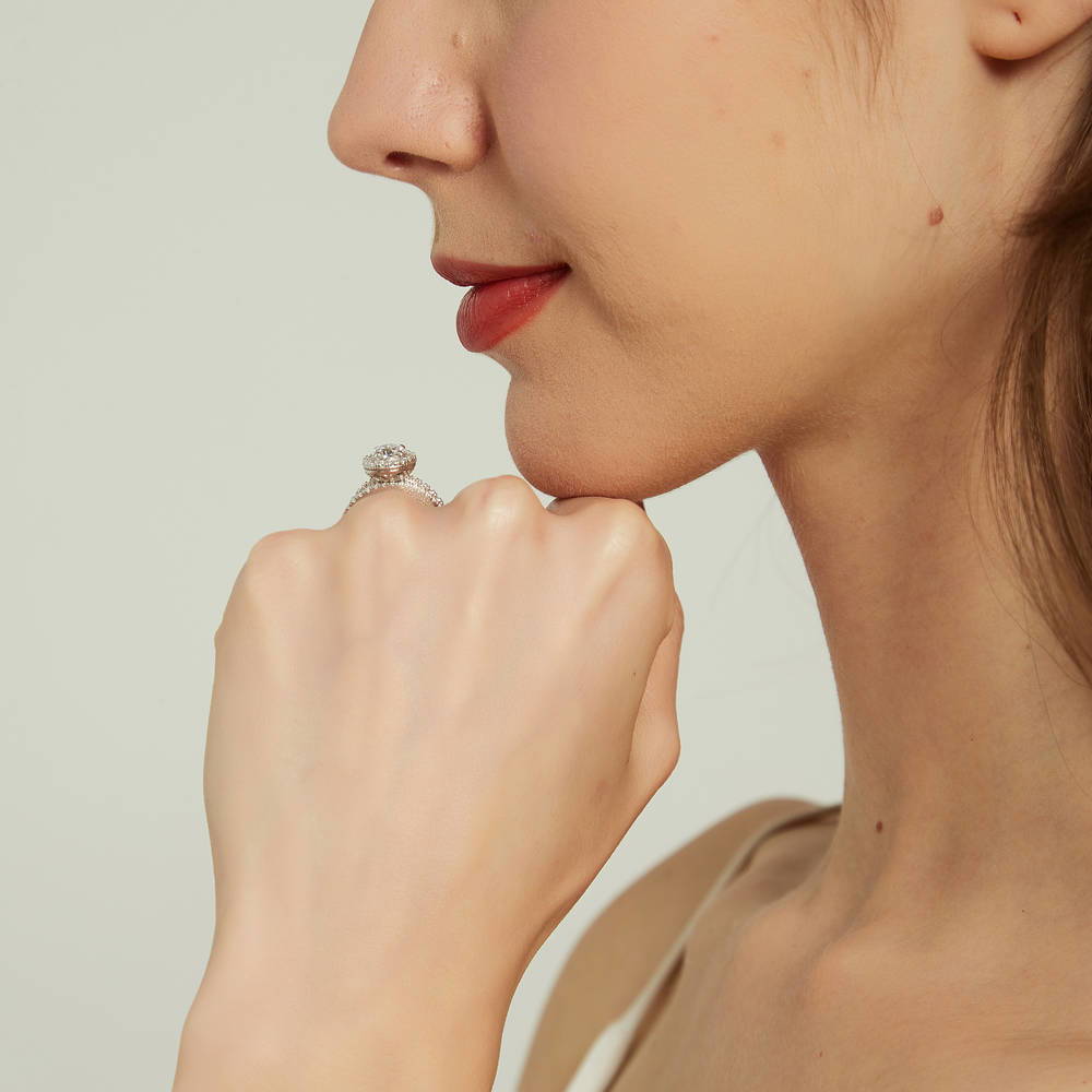 Model wearing Halo Round CZ Ring Set in Sterling Silver, 7 of 16
