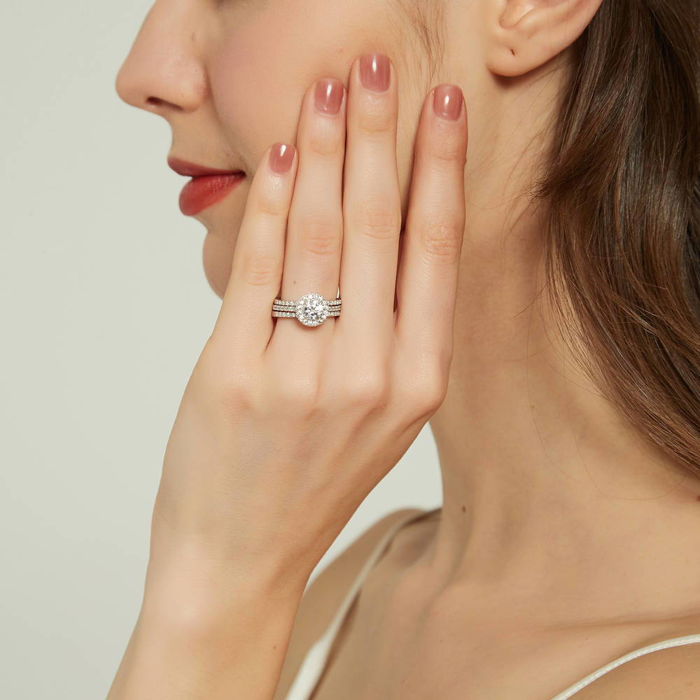 Model wearing Halo Round CZ Ring Set in Sterling Silver, 3 of 16