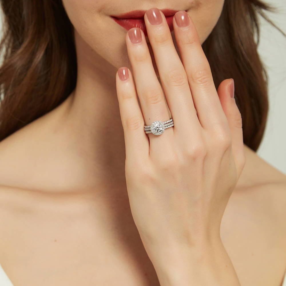 Model wearing Halo Round CZ Ring Set in Sterling Silver, 2 of 16