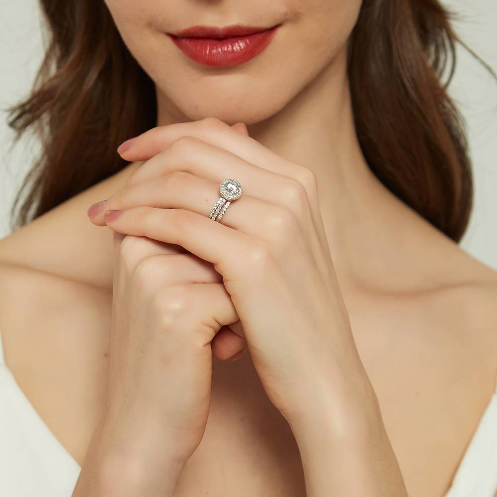 Model wearing Halo Round CZ Ring Set in Sterling Silver, 6 of 16