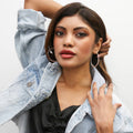 Model wearing CZ Large Inside-Out Hoop Earrings in Sterling Silver 2 inch, Rose Gold Flashed