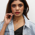 Model wearing Solitaire Asscher CZ Necklace in Sterling Silver 3ct, Yellow Gold Flashed