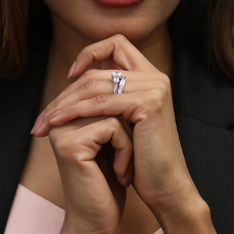 Image Contain: Model Wearing 3-Stone Ring, Curved Half Eternity Ring