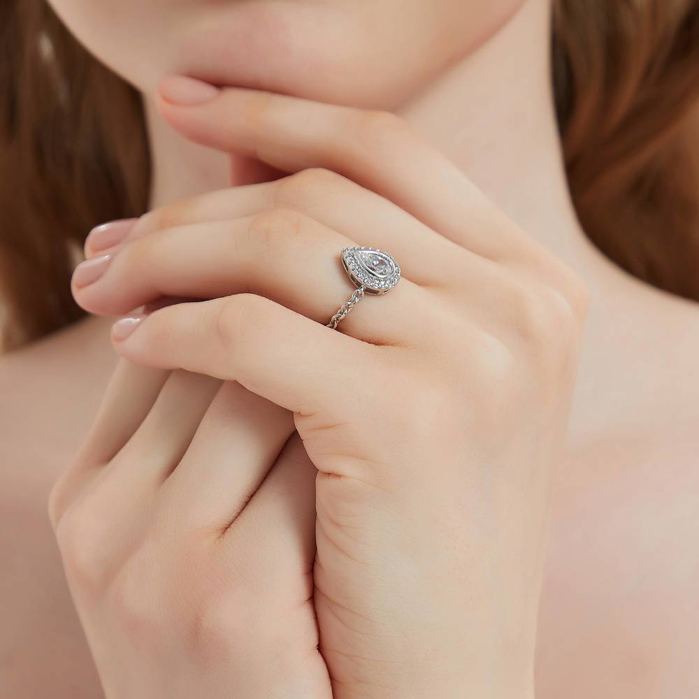 Model wearing Halo Pear CZ Chain Ring in Sterling Silver, 6 of 8