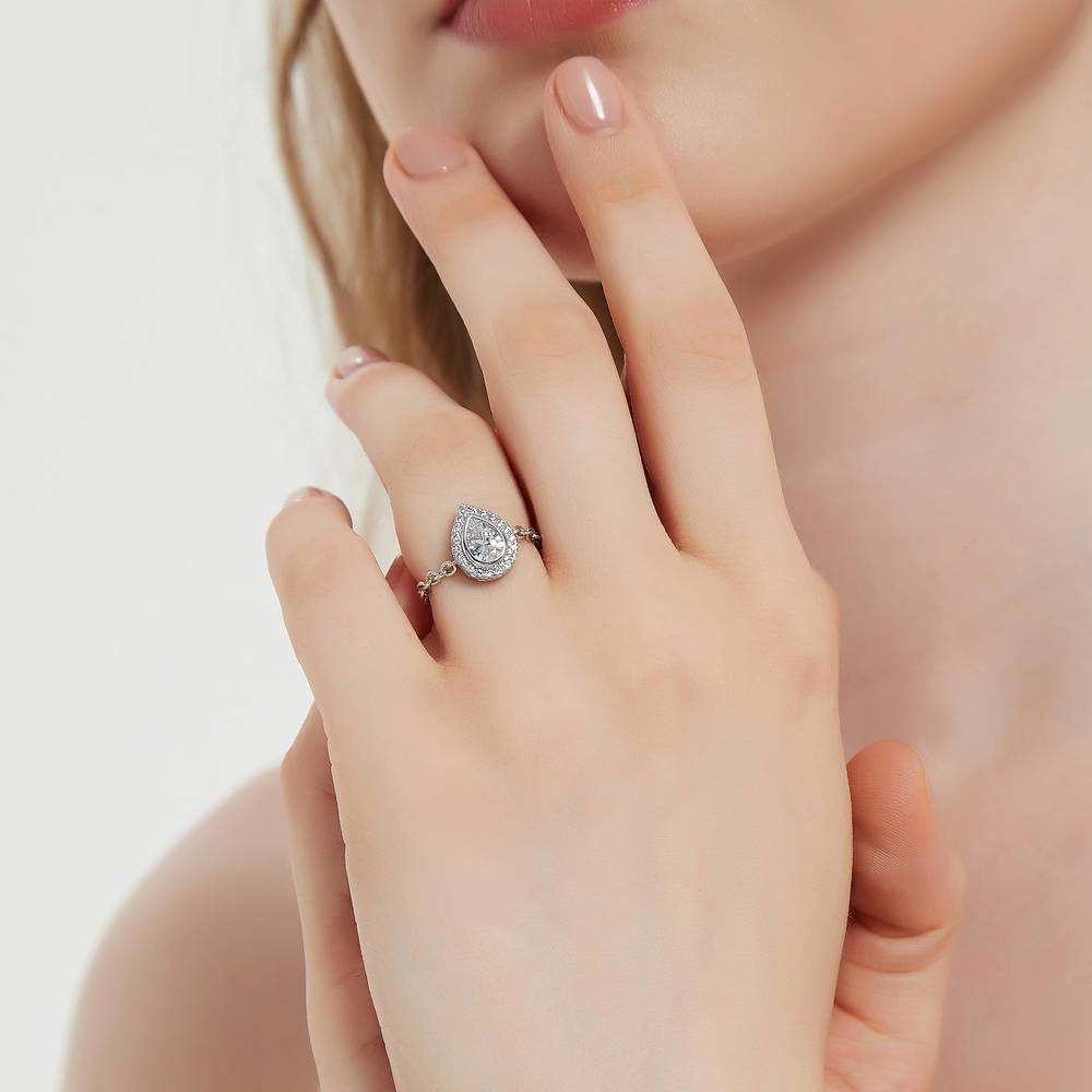 Model wearing Halo Pear CZ Chain Ring in Sterling Silver, 3 of 8